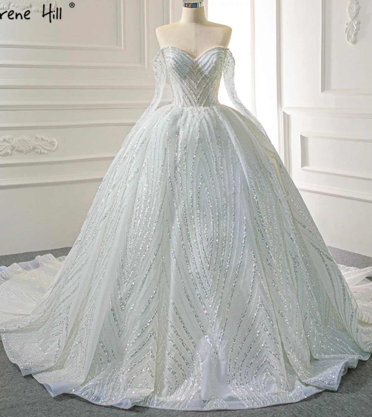 Abiti da sposa di design di lusso con spalle scoperte bianche 2023 Abiti da sposa con paillettes a maniche lunghe con perline Hm