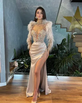 Abito Donna Lugo Spacco Corpetto Tulle Piume Strass Paillettes Manica Lunga Elegante Cerimonia