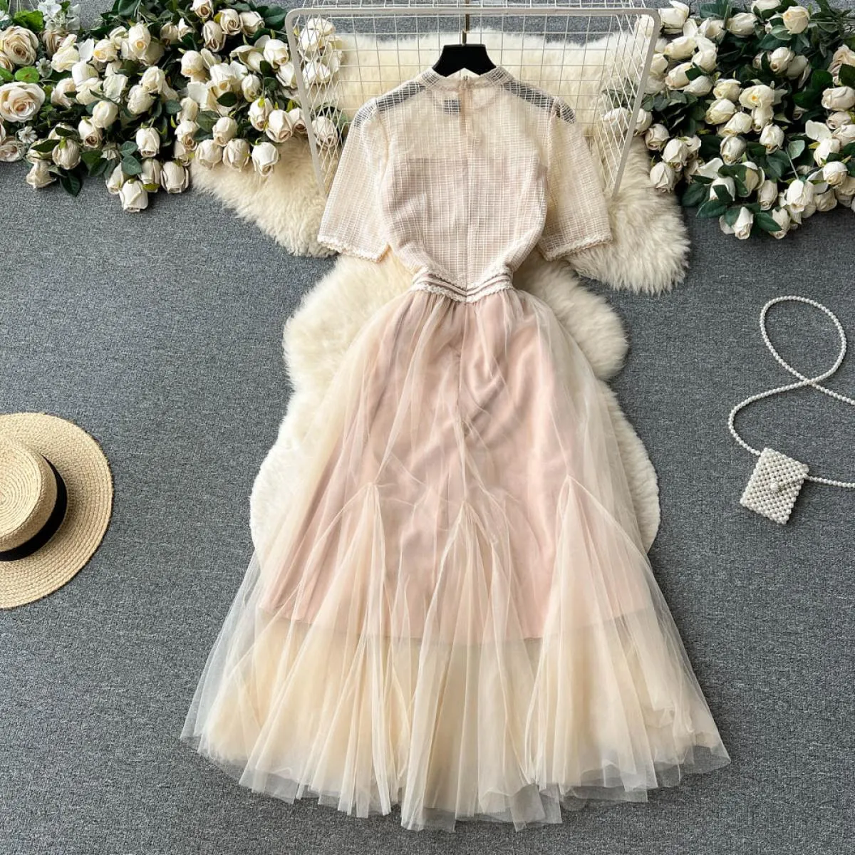 Abito lungo estivo in tulle per donna Beige traforato patchwork di pizzo midi abiti da ballo femminili ricami da sera di lusso