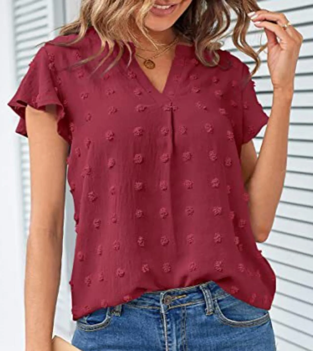 Camicetta elegante con volant estivo scollo a V manica corta in chiffon camicia da donna Office Lady Top 2023 abiti tinta unita