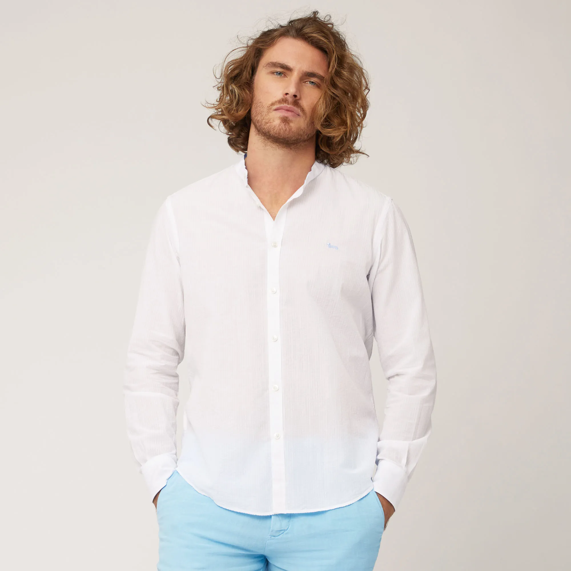 Camicia In Cotone Seersucker Con Collo Alla Coreana in Bianco: Nuovi arrivi Di Lusso | Harmont & Blaine®