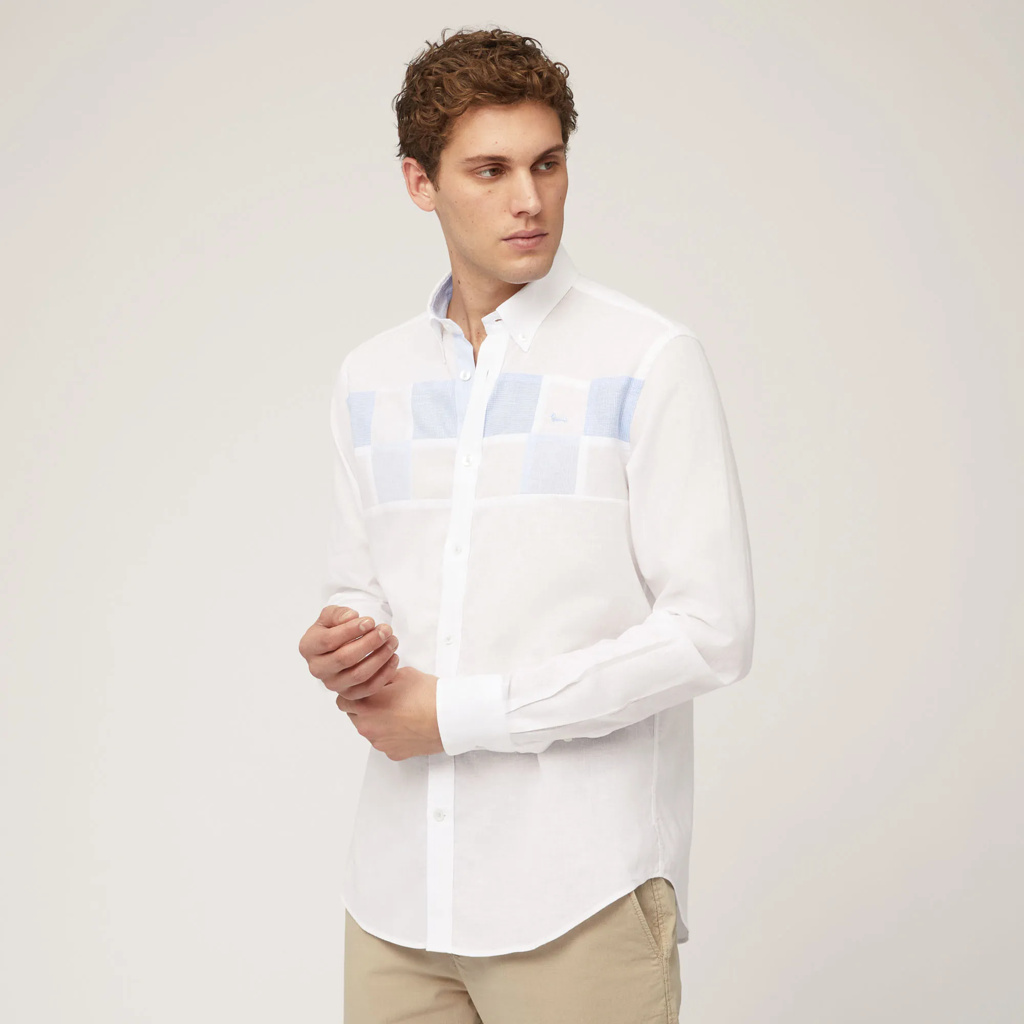 Camicia In Lino E Cotone Con Riquadri A Contrasto in Bianco: Nuovi arrivi Di Lusso | Harmont & Blaine®