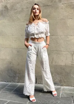 Completo Donna Top Cropped Scollo Bardot Pantalone Palazzo Pizzo Sangallo Monocolore Casual