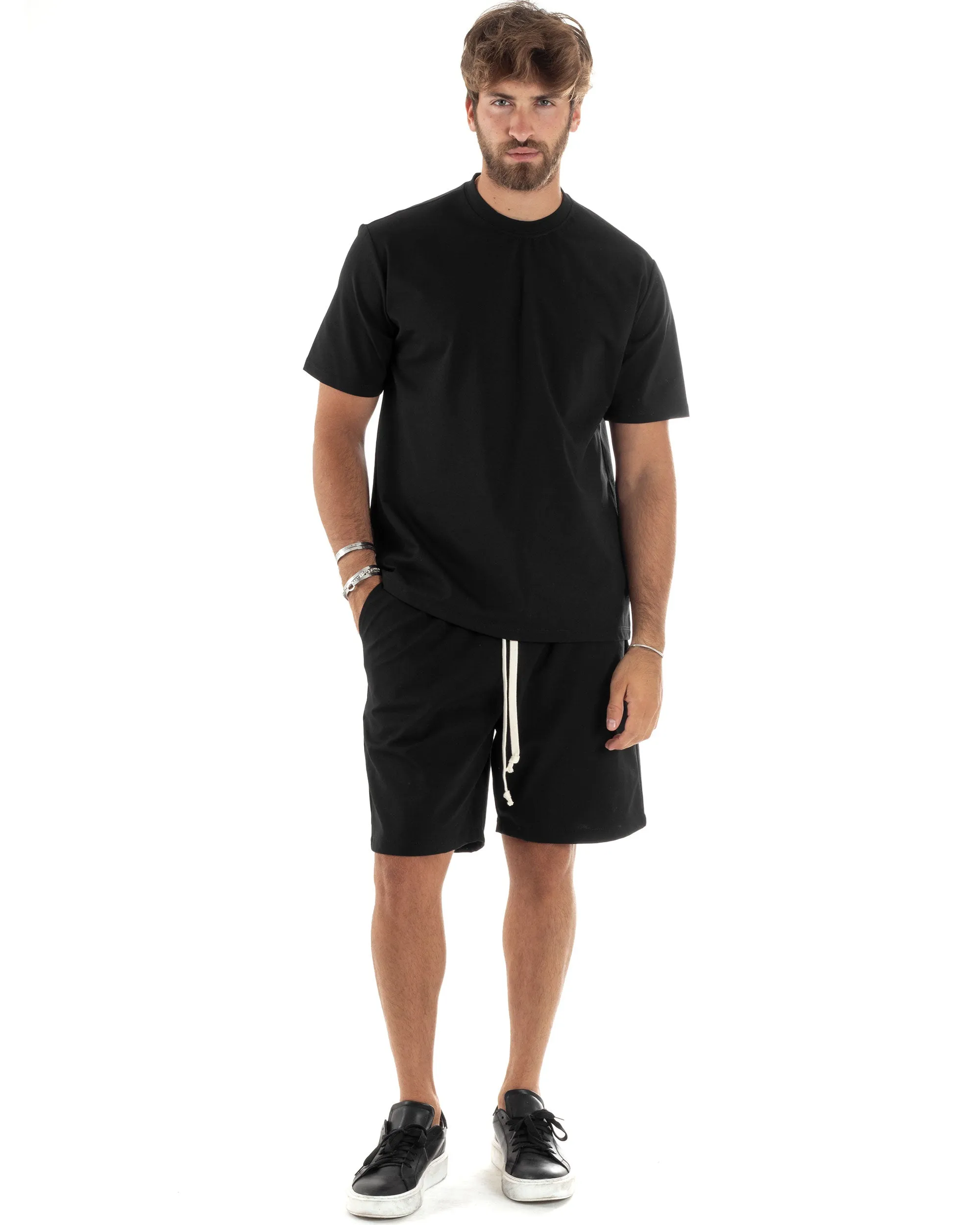 Completo Set Coordinato Uomo Cotone Outfit Basic Casual T-shirt Girocollo Bermuda Con Laccio Pantalaccio Regular Fit Nero GIOSAL