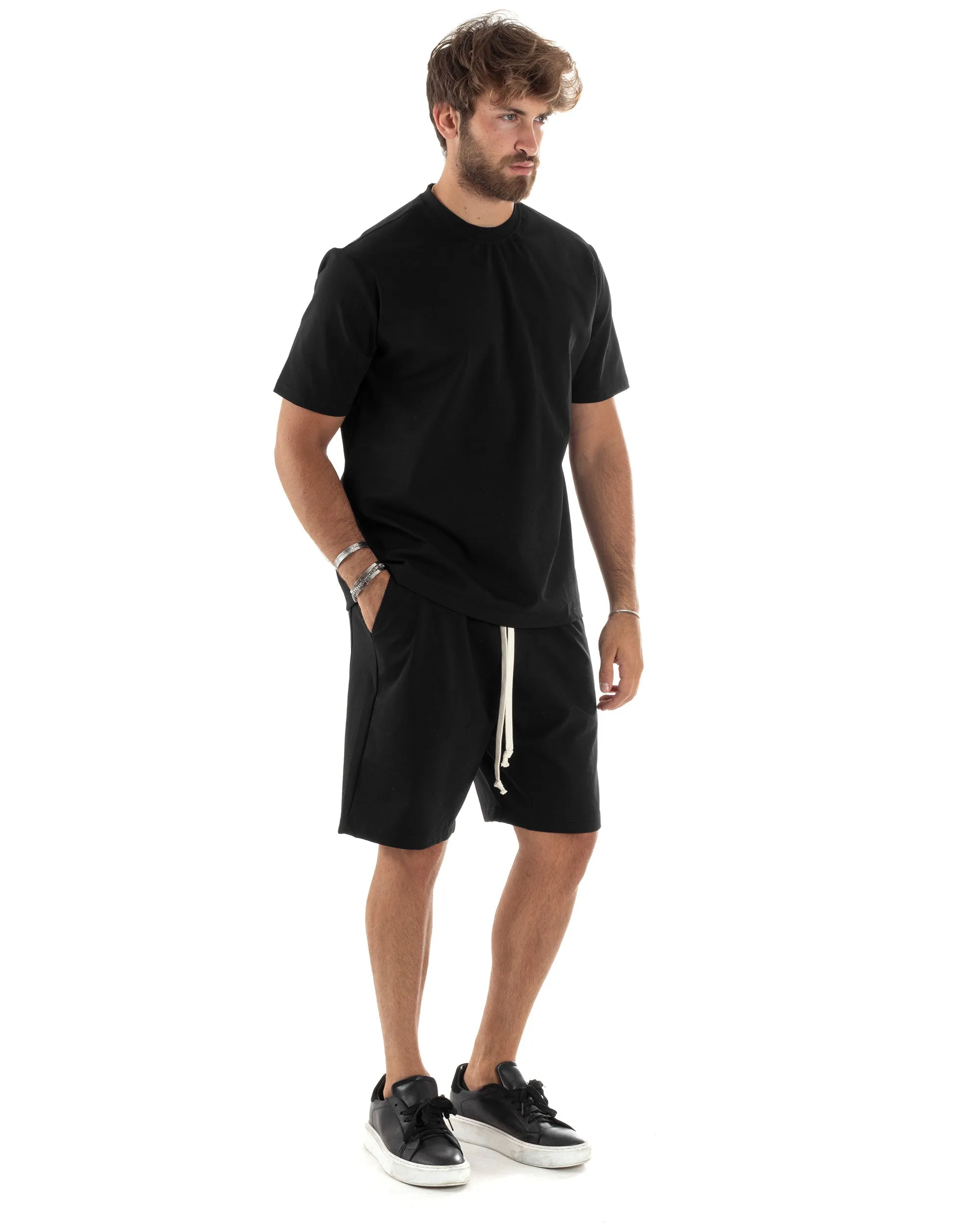 Completo Set Coordinato Uomo Cotone Outfit Basic Casual T-shirt Girocollo Bermuda Con Laccio Pantalaccio Regular Fit Nero GIOSAL