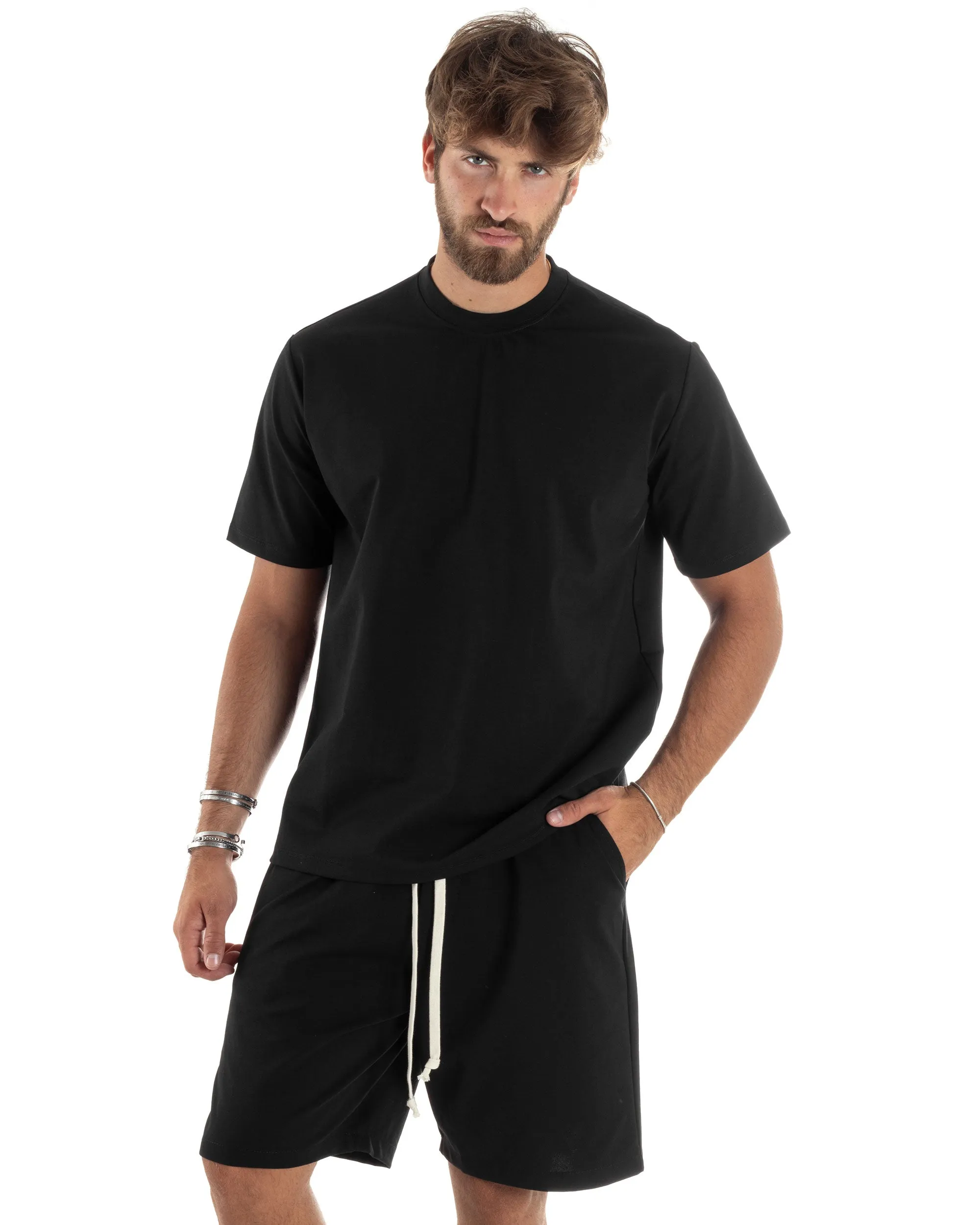 Completo Set Coordinato Uomo Cotone Outfit Basic Casual T-shirt Girocollo Bermuda Con Laccio Pantalaccio Regular Fit Nero GIOSAL