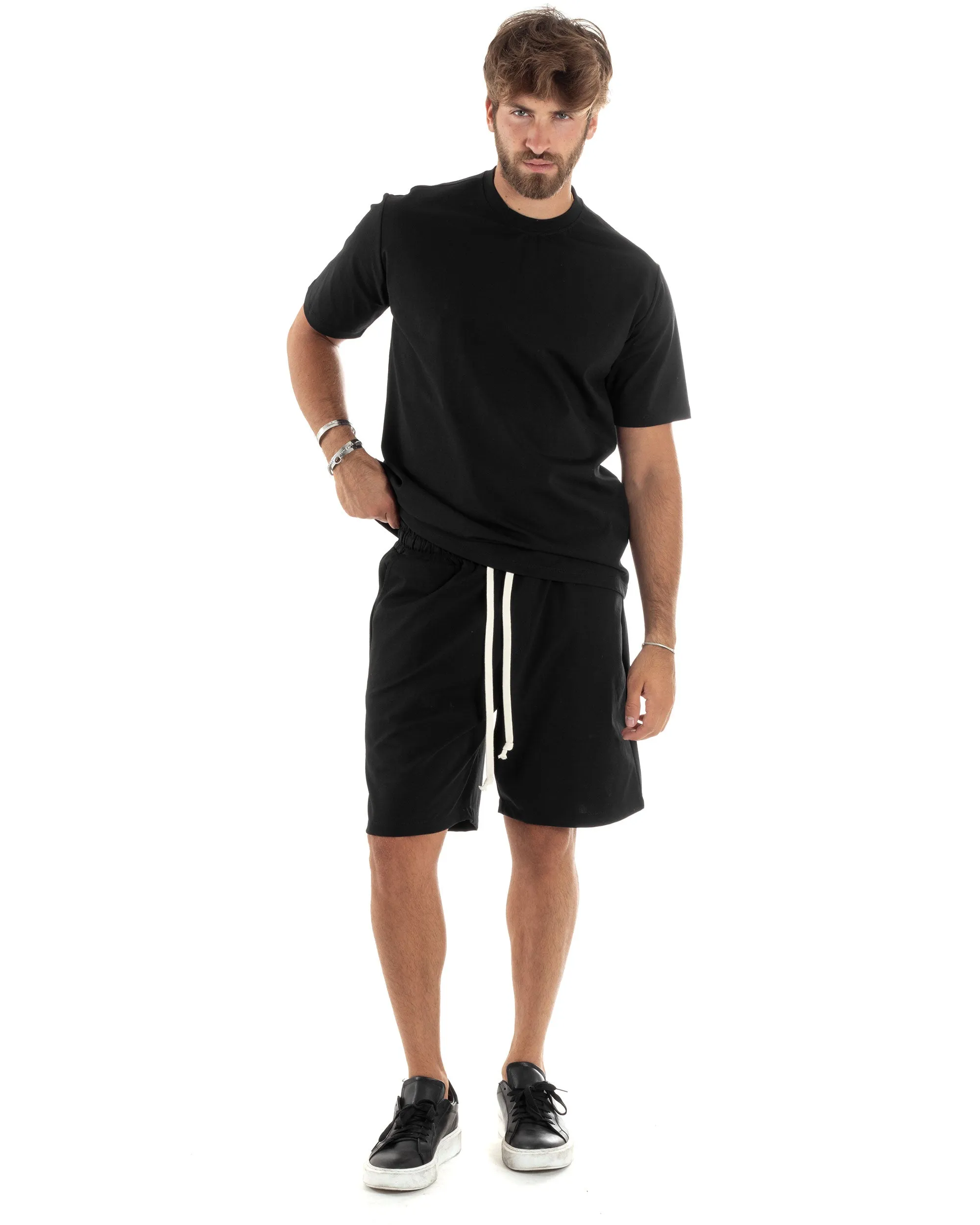 Completo Set Coordinato Uomo Cotone Outfit Basic Casual T-shirt Girocollo Bermuda Con Laccio Pantalaccio Regular Fit Nero GIOSAL