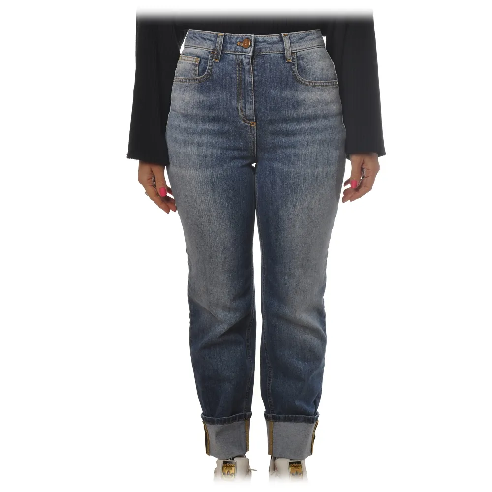 Elisabetta Franchi - Jeans Vita Alta con Risvolto - Blu - Pantaloni - Made in Italy - Luxury Exclusive Collection