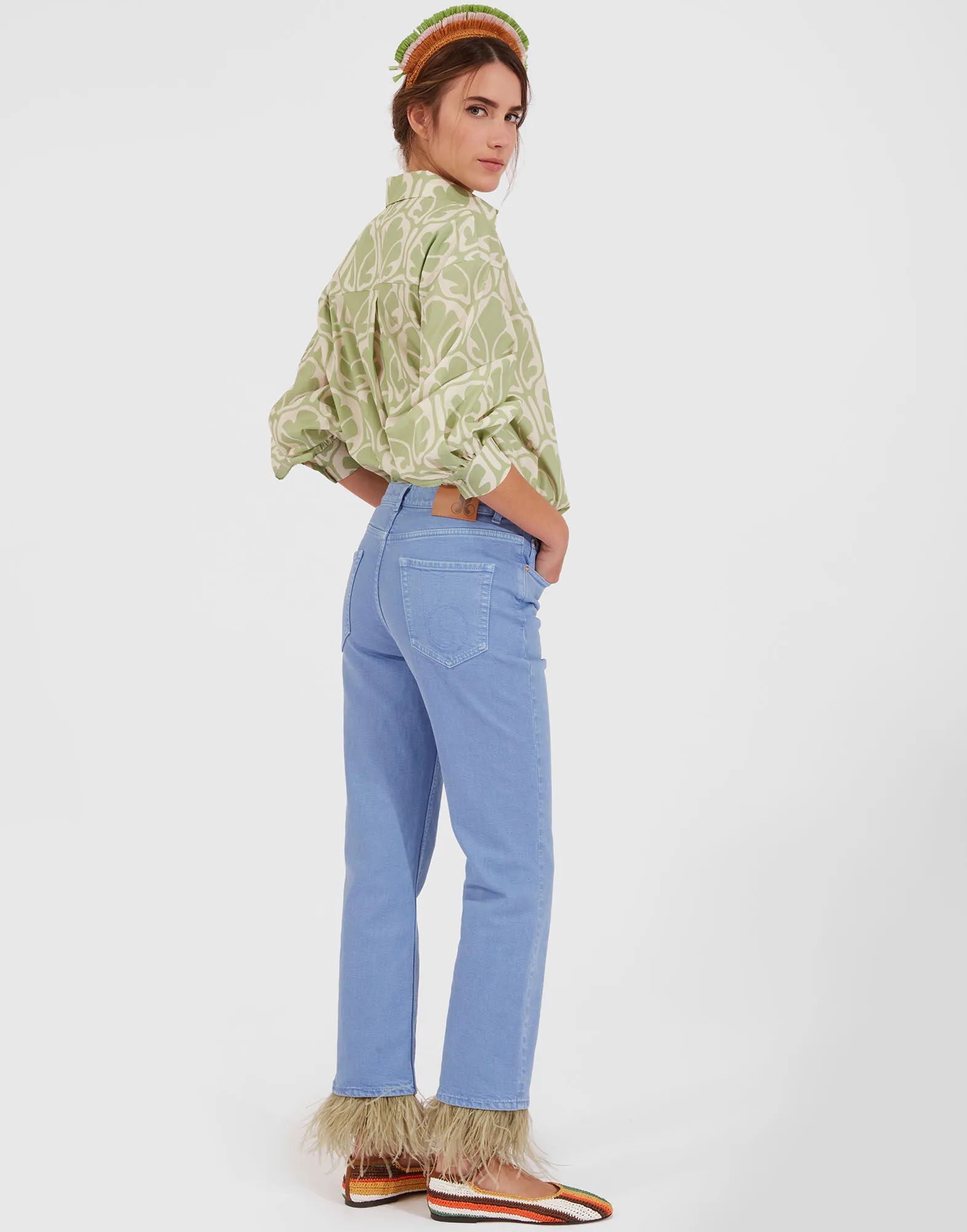 Fancy Crop Jeans (With Feathers) in Light Blue for Women | La DoubleJ