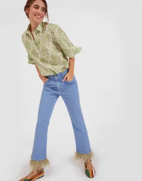 Fancy Crop Jeans (With Feathers) in Light Blue for Women | La DoubleJ