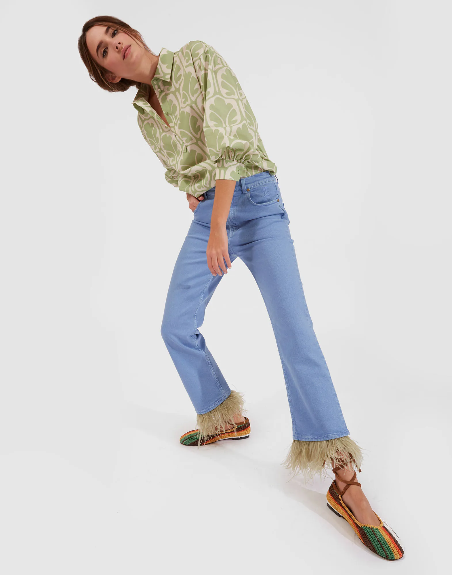 Fancy Crop Jeans (With Feathers) in Light Blue for Women | La DoubleJ