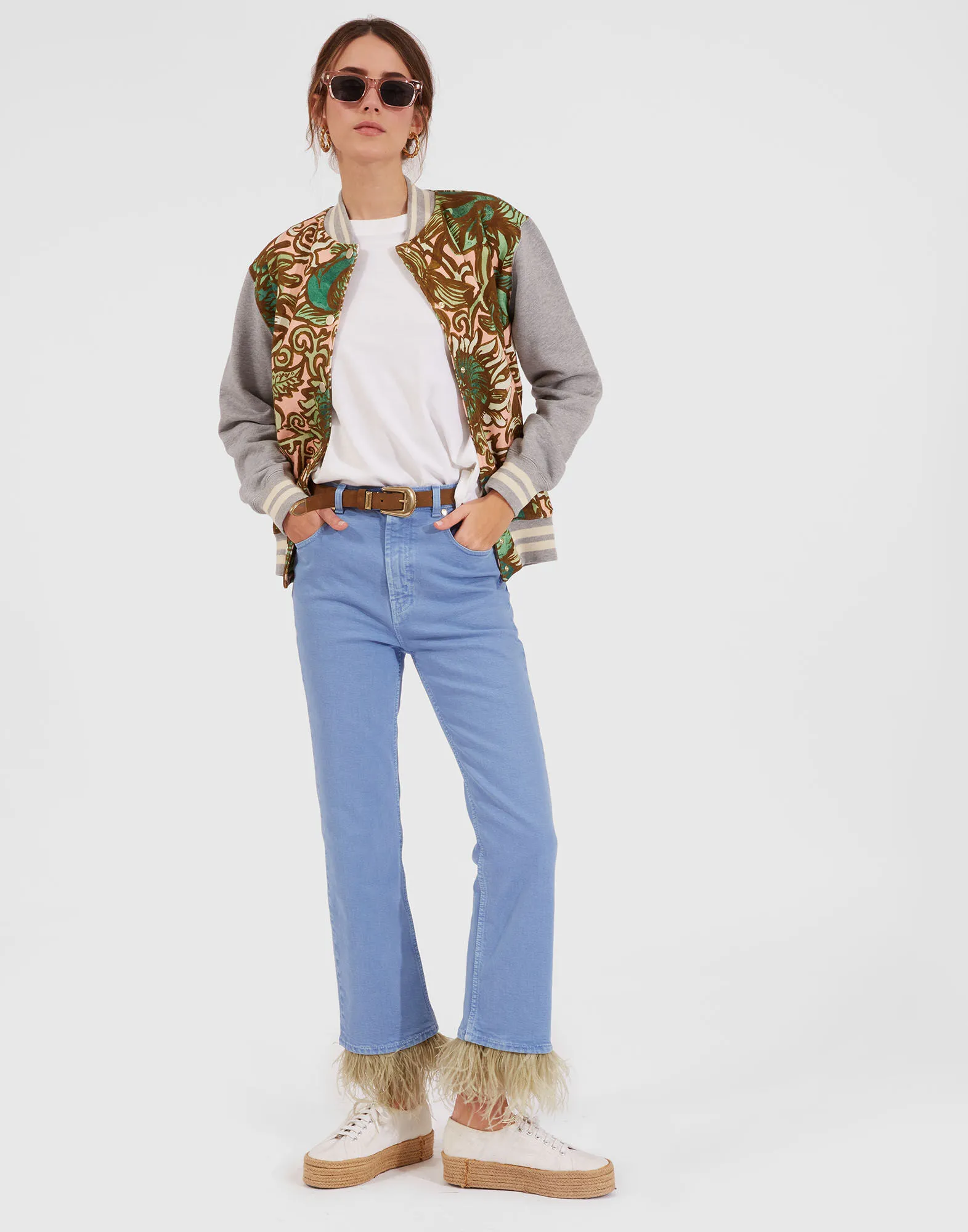 Fancy Crop Jeans (With Feathers) in Light Blue for Women | La DoubleJ