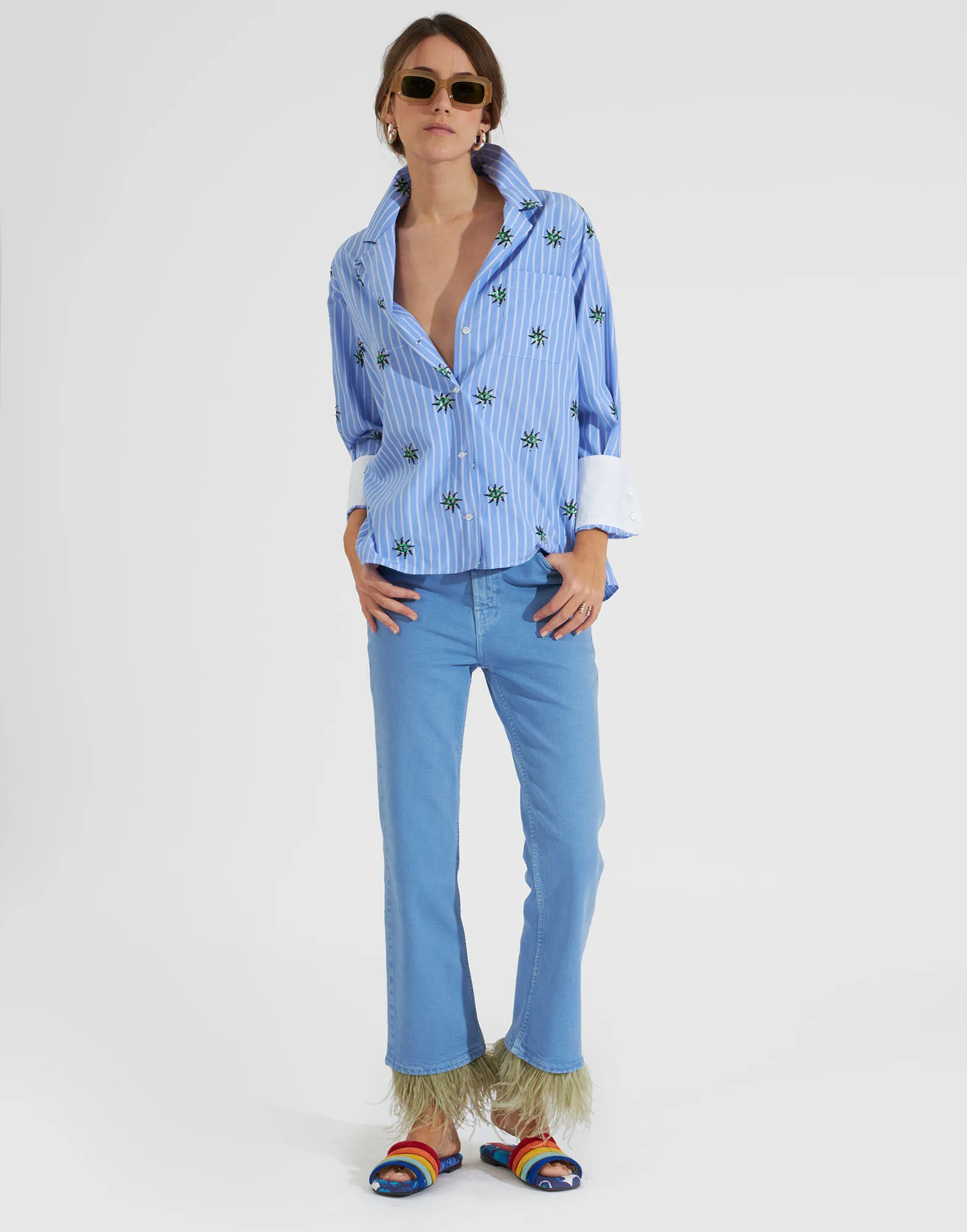 Fancy Crop Jeans (With Feathers) in Light Blue for Women | La DoubleJ