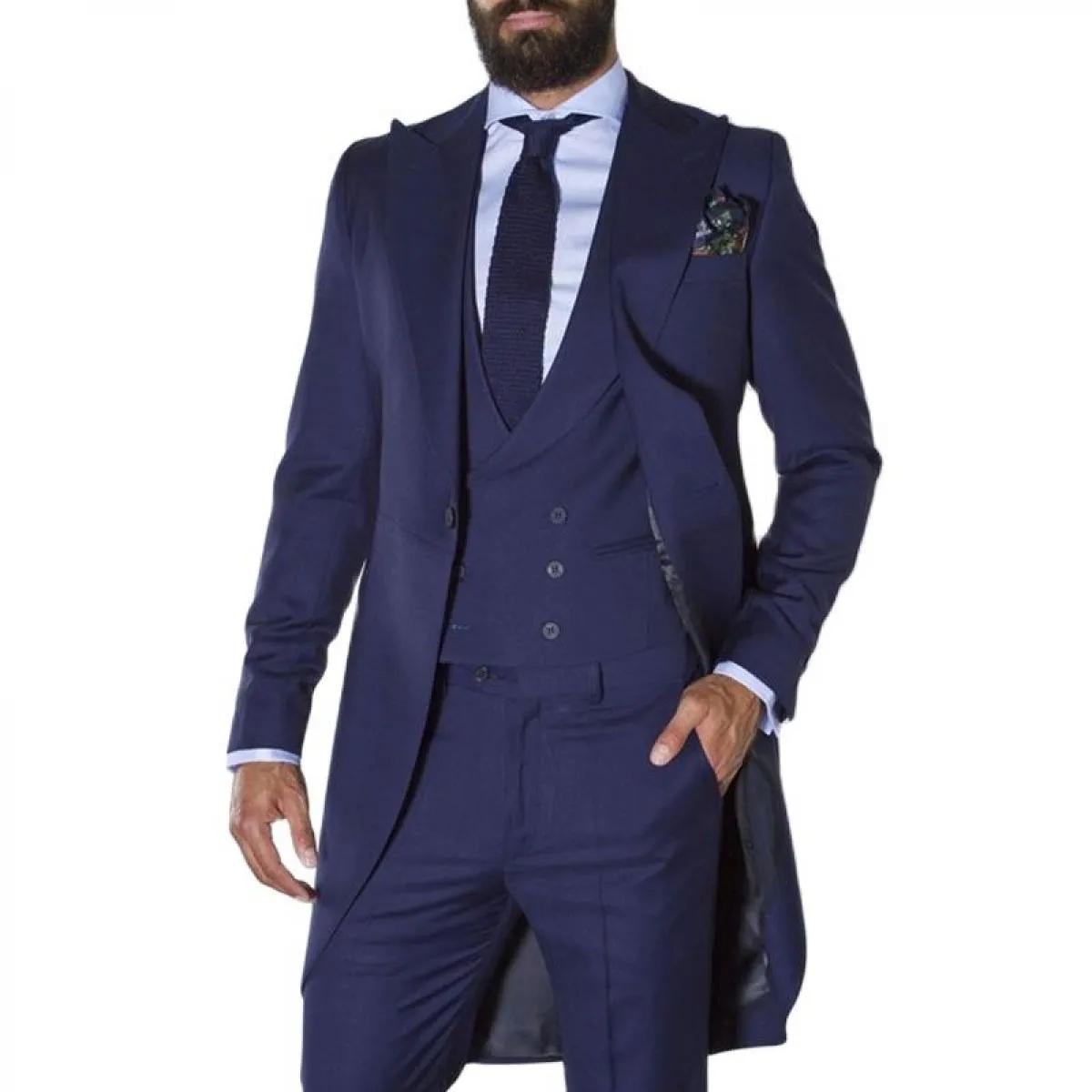 Frac blu navy Abiti da uomo per matrimonio Smoking da sposo su misura Lungo blazer di moda maschile 3 pezzi Costume da testimone