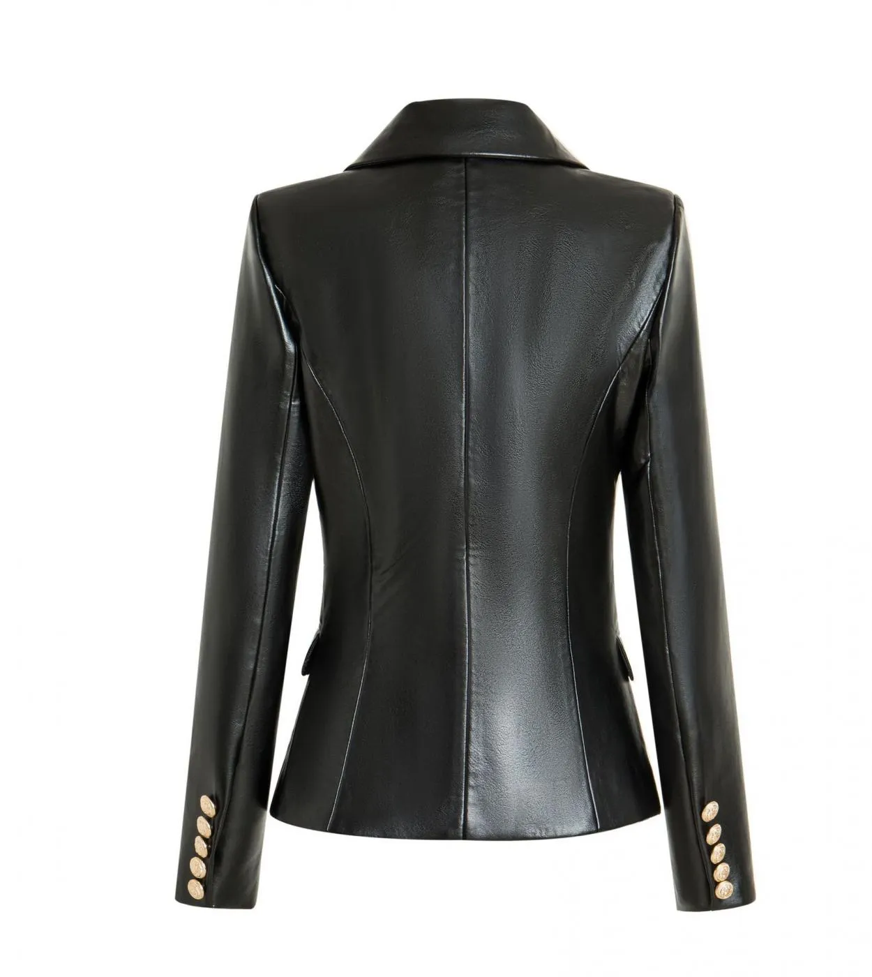 Harleyfashion Top Quality Pu Fittness Bottoni dorati in pelle Slim High Street Blazer nero da donna