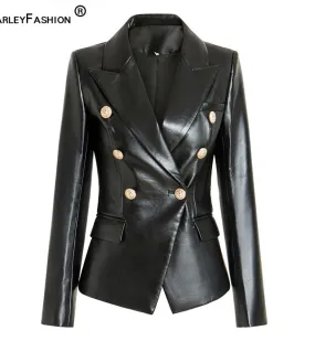 Harleyfashion Top Quality Pu Fittness Bottoni dorati in pelle Slim High Street Blazer nero da donna