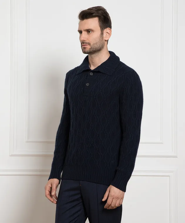 ISAIA Maglione in cashmere blu con motivo strutturato MG8203Y0443