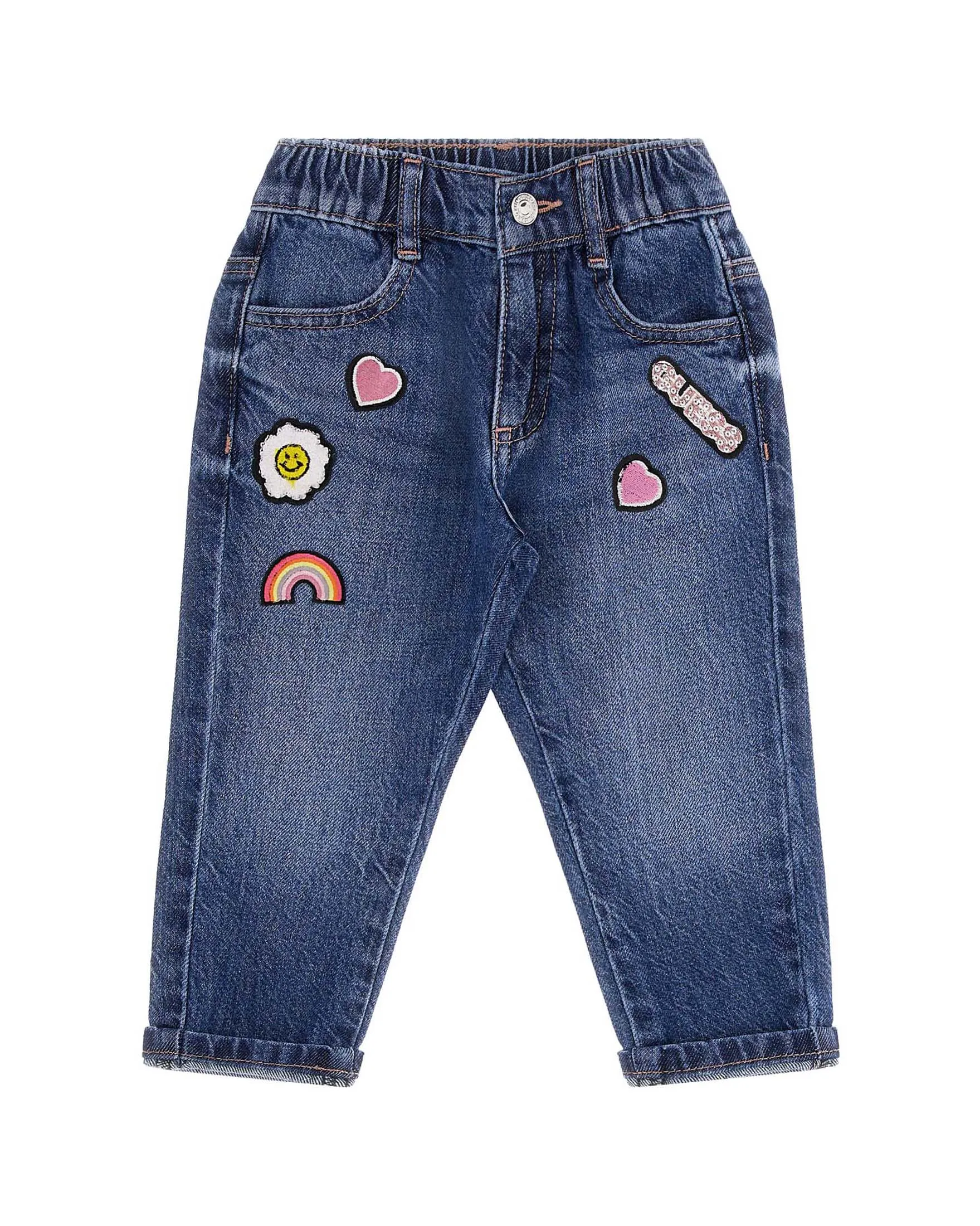 Jeans in cotone a lavaggio scuro stone washed con patch colorati e tasche a cuore 4-7 anni