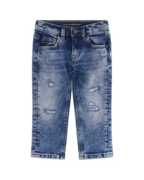 Jeans slim in cotone a lavaggio medio stone washed con abrasioni e micro rotture 3-7 anni