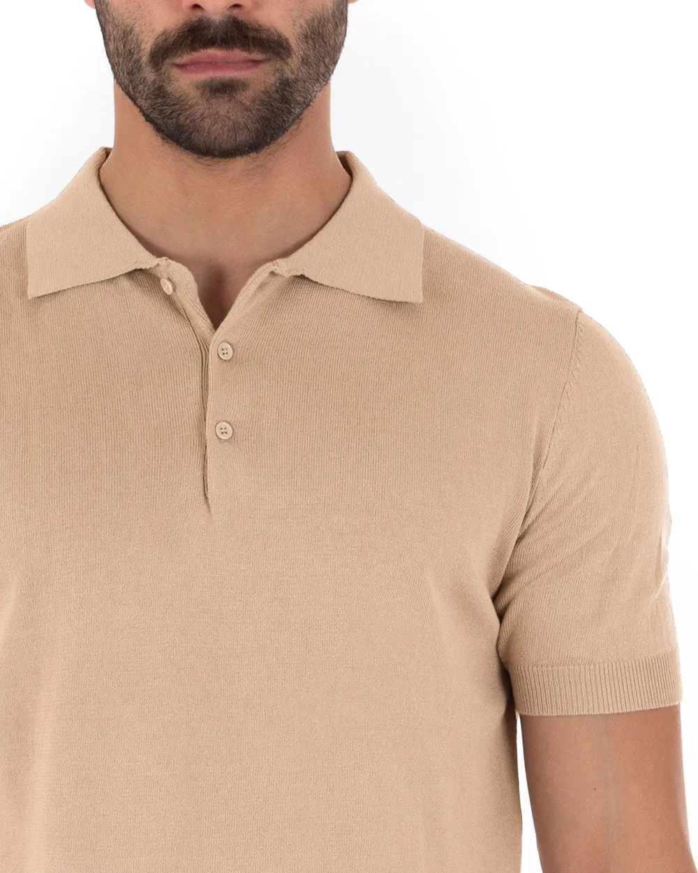 Polo Filo Uomo T-Shirt Manica Corta Con Colletto Bottoni Tinta Unita Beige Casual GIOSAL-TS2791A