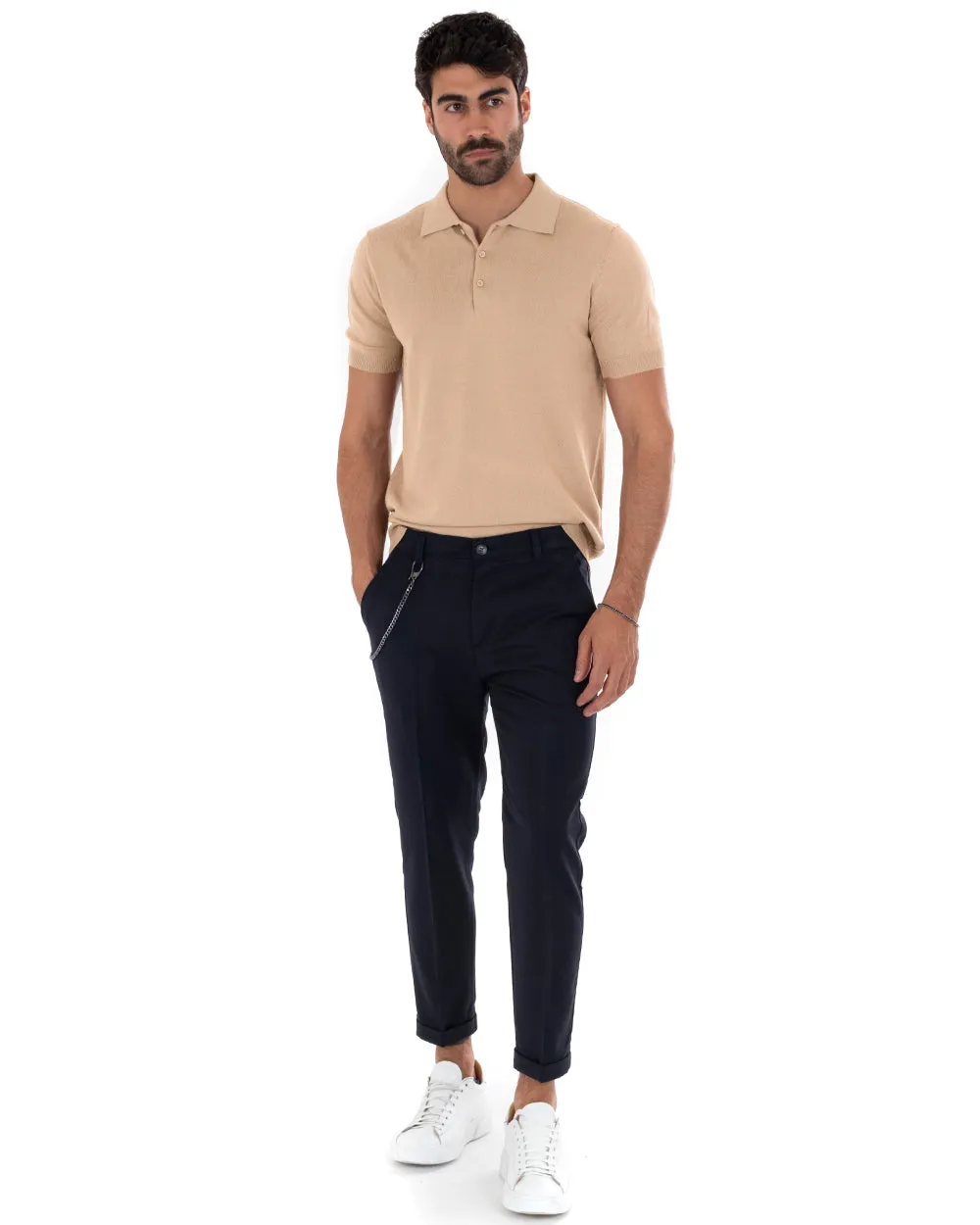 Polo Filo Uomo T-Shirt Manica Corta Con Colletto Bottoni Tinta Unita Beige Casual GIOSAL-TS2791A