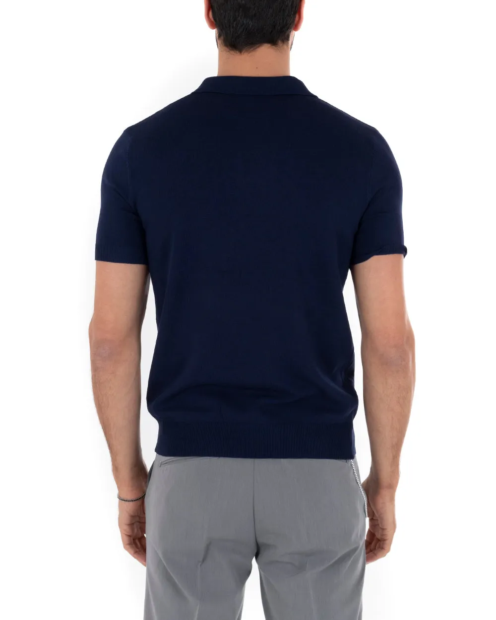 Polo Filo Uomo T-Shirt Manica Corta Con Colletto Bottoni Tinta Unita Blu Casual GIOSAL-TS2629A