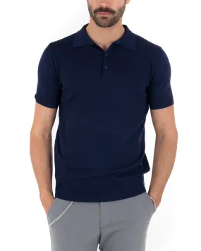 Polo Filo Uomo T-Shirt Manica Corta Con Colletto Bottoni Tinta Unita Blu Casual GIOSAL-TS2629A