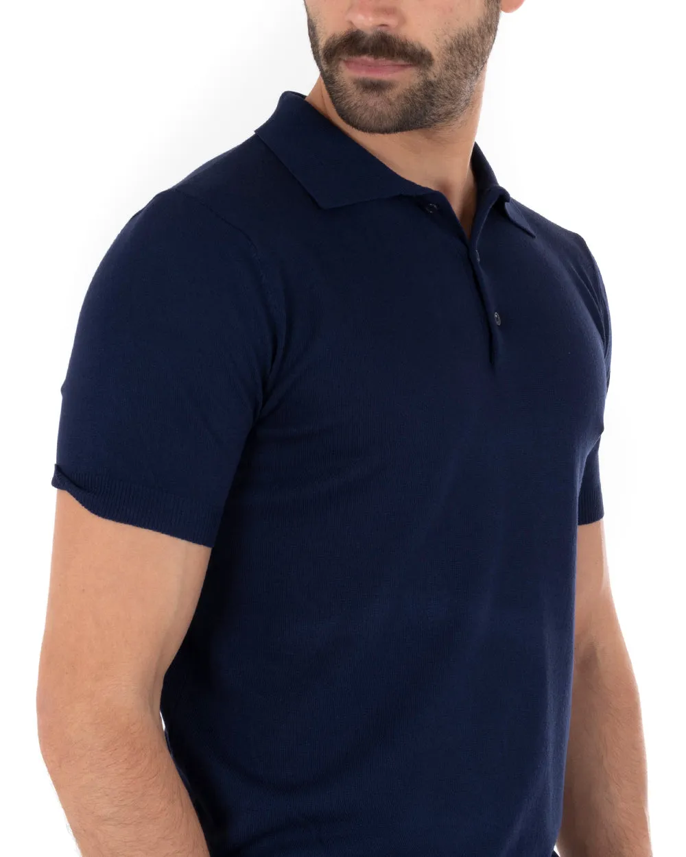 Polo Filo Uomo T-Shirt Manica Corta Con Colletto Bottoni Tinta Unita Blu Casual GIOSAL-TS2629A