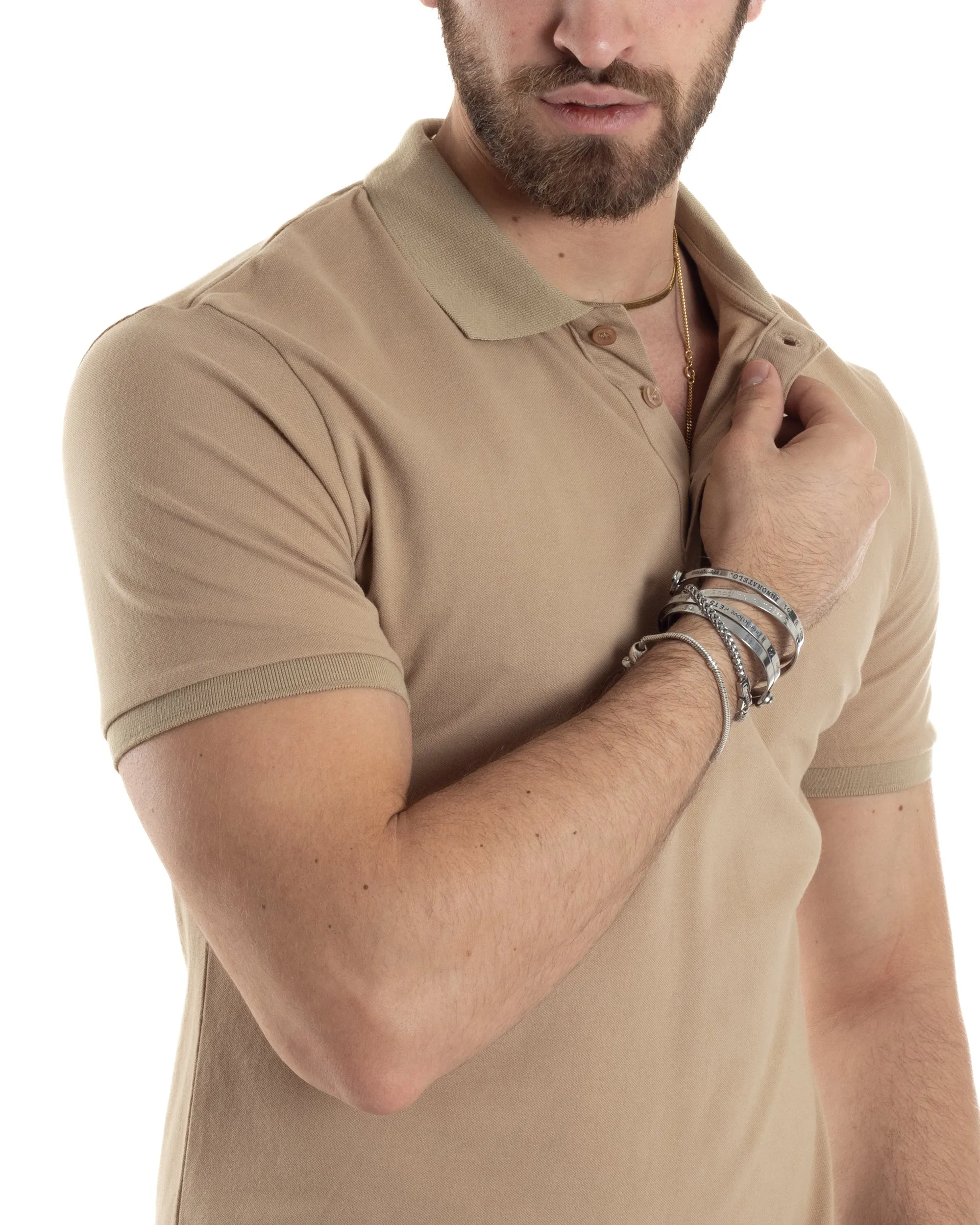 Polo Uomo Manica Corta T-shirt Con Colletto Bottoncini Basic Slim Fit Casual Tinta Unita Camel GIOSAL-TS3045A