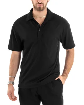 Polo Uomo Tinta Unita Costine Tinta Unita Nera Colletto Manica Corta Casual GIOSAL-TS2875A