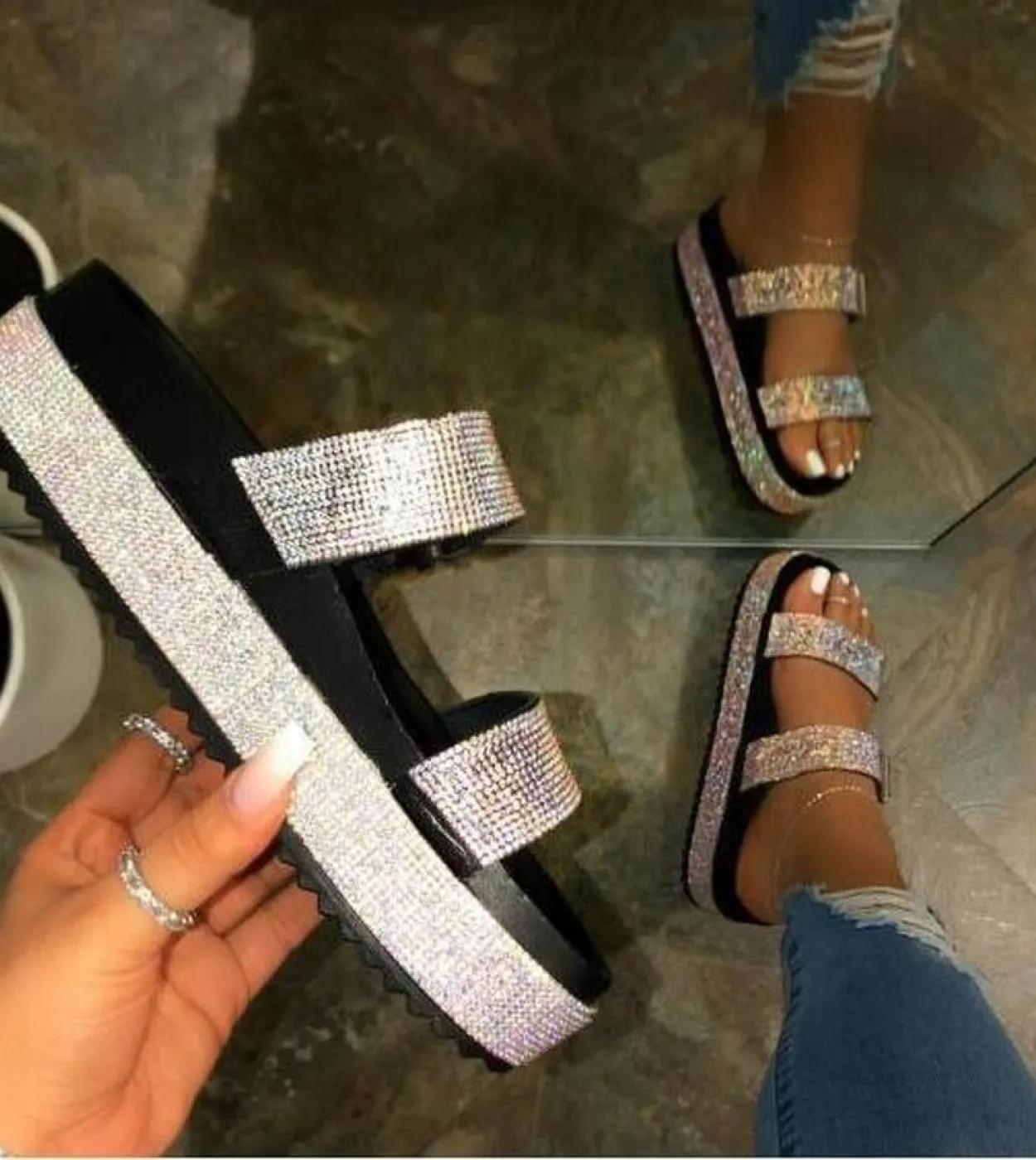 Sandali con strass da donna di tendenza di lusso con plateau zeppa tacco medio suola spessa cristallo lucido da esterno donna fe