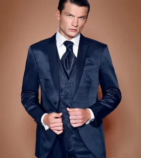 Shiny Navy Blue Costume Homme Groomsmen Smoking dello sposo Risvolto con intaglio Abiti da uomo Wedding Best Man 3 pezzi giacca