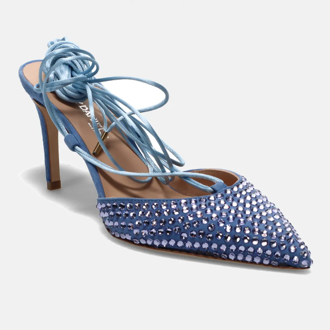 Slingback Eddy Daniele in raso  azzurro con strass e tacco alto