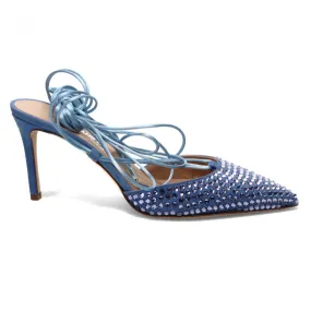 Slingback Eddy Daniele in raso  azzurro con strass e tacco alto