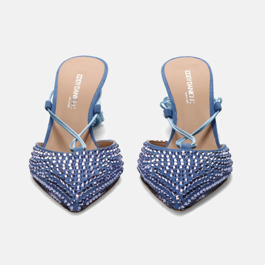 Slingback Eddy Daniele in raso  azzurro con strass e tacco alto