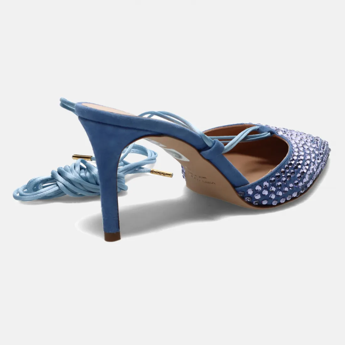 Slingback Eddy Daniele in raso  azzurro con strass e tacco alto