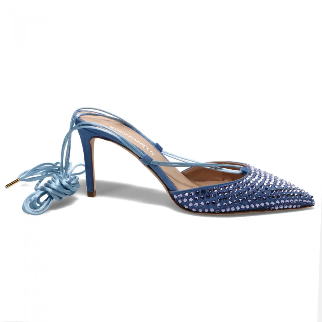 Slingback Eddy Daniele in raso  azzurro con strass e tacco alto