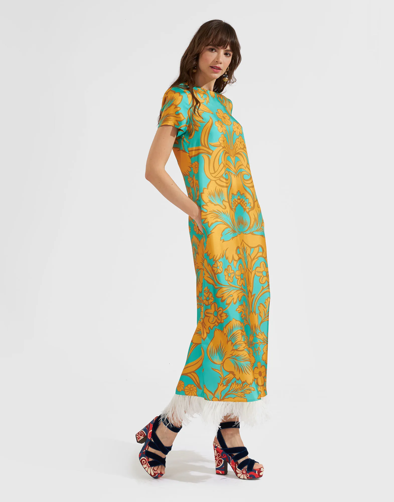 Swing Dress (With Feathers) in Va-Va Placée Turquoise for Women | La DoubleJ