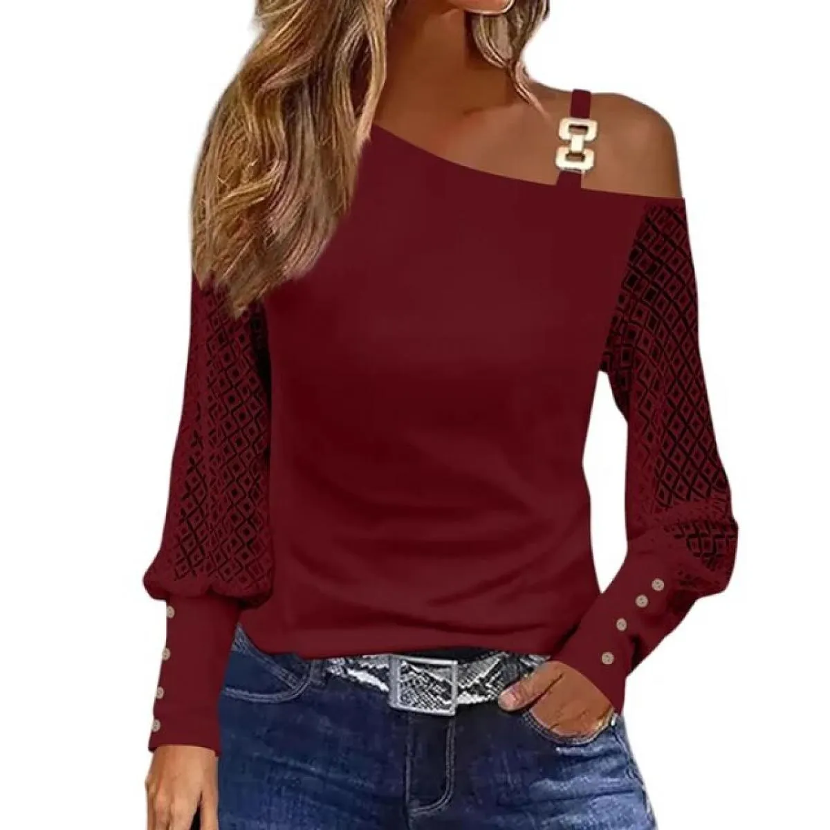 T Shirt Top per le donne 2023 Autunno Inverno Camicia Moda a maniche lunghe Tee Femal Abbigliamento Pizzo  Pullover Camicetta