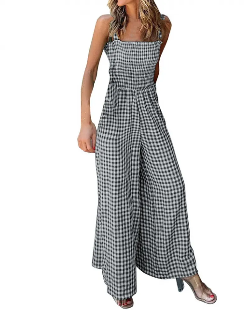 Tute da donna larghe casual senza maniche Fashion Vacation Plaid Pantaloni a vita alta Tute con bretelle Tuta da vacanza