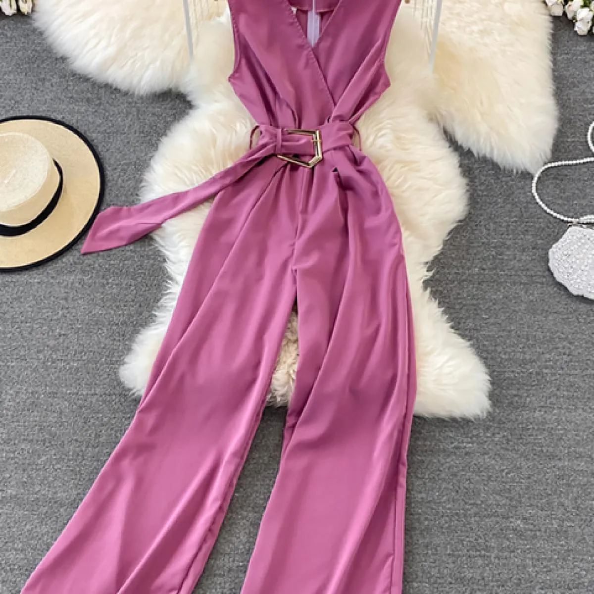 Tute estive vintage con scollo a V senza maniche a vita alta da donna eleganti pagliaccetti larghi con gamba larga con fasce tut